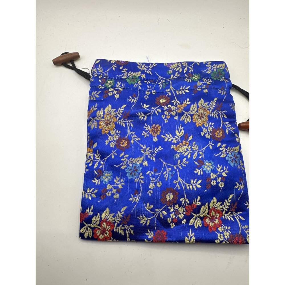 Vintage Royal Blue Brocade Drawstring Bag W/ Wooden Toggle Closure & Floral Pais